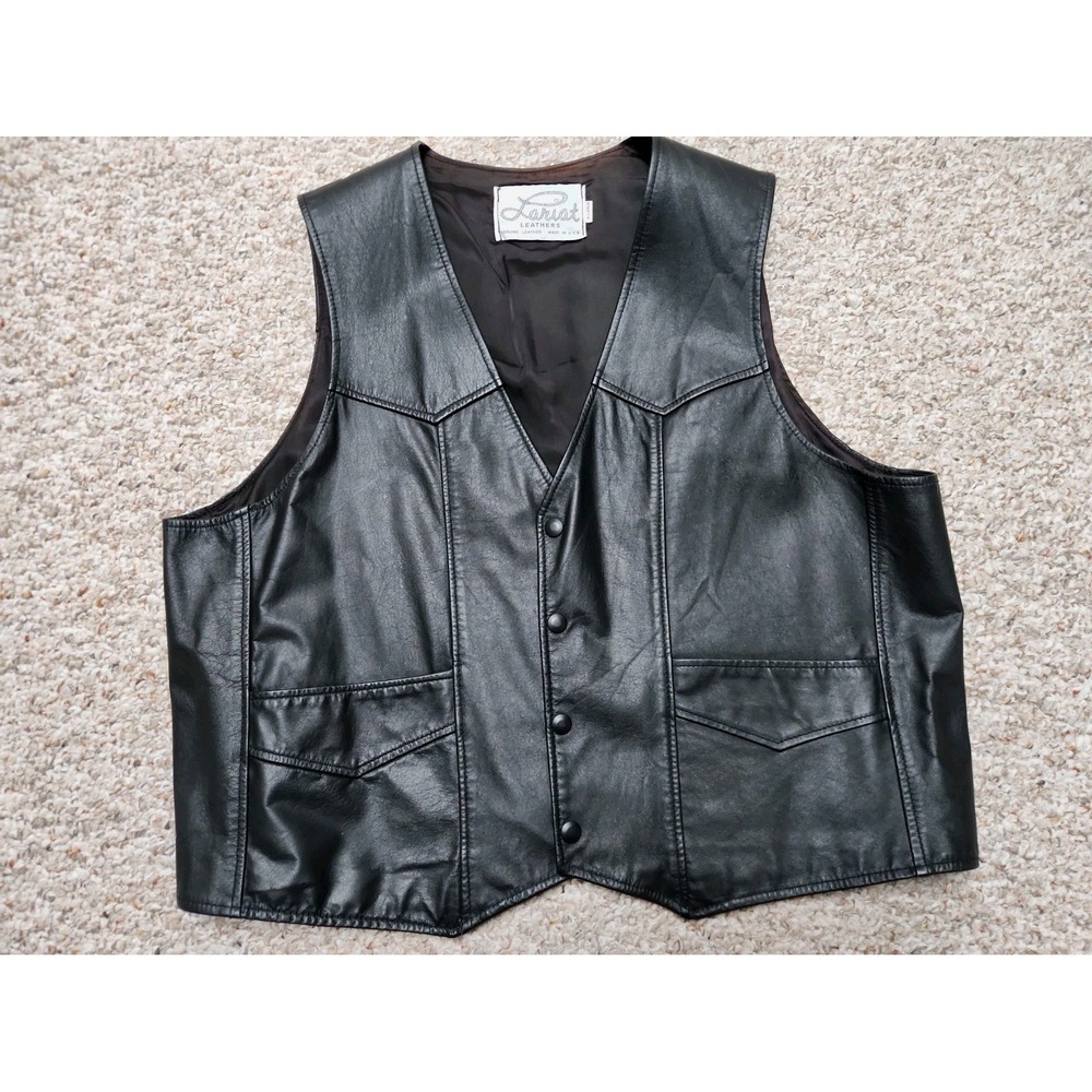 Vintage Lariat Leathers Biker Mens XL Vest USA Made Genuine Leather Black Solid